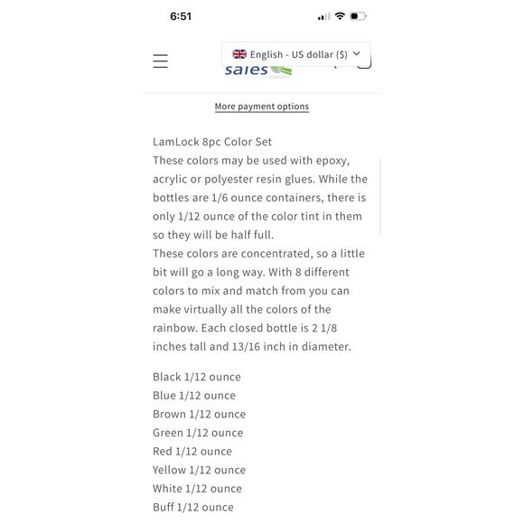8 PC LamLock Universal Color Kit 1/12 Oz. Tint for Epoxy, Acrylic or Polyester - Picture 2 of 8